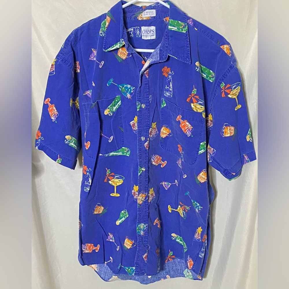 Vintage Chaps Ralph Lauren Blue Hawaiian Mixed Drinks Button Down Shirt